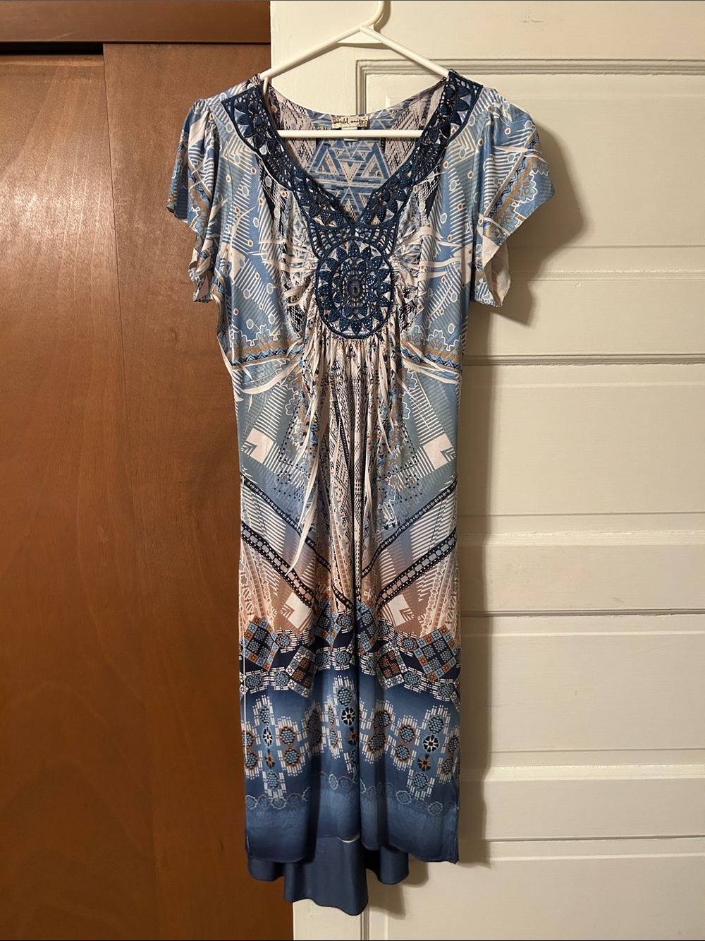 Boho-Style Blue & Cream Midi Dress with Navy Crochet Yoke